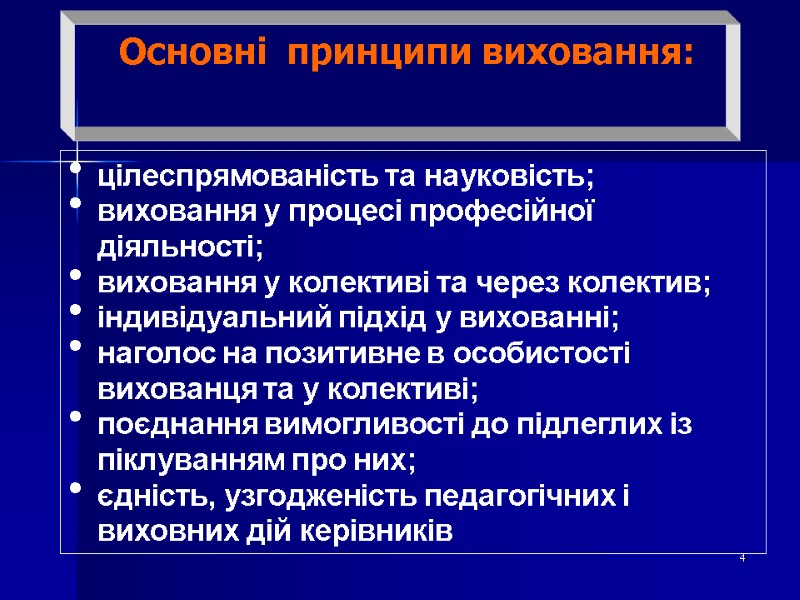 цілеспрямованість та науковість; виховання у процесі професійної діяльності; виховання у колективі та через колектив;